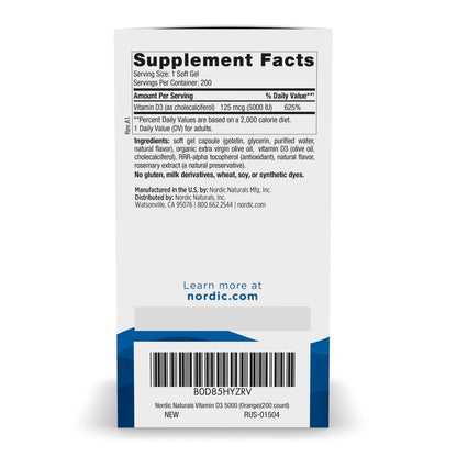 Nordic Naturals Vitamin D3 5000 IU Orange – 200 Mini Soft Gels | Supports Bones, Immunity & Mood | Vegetarian & Non-GMO