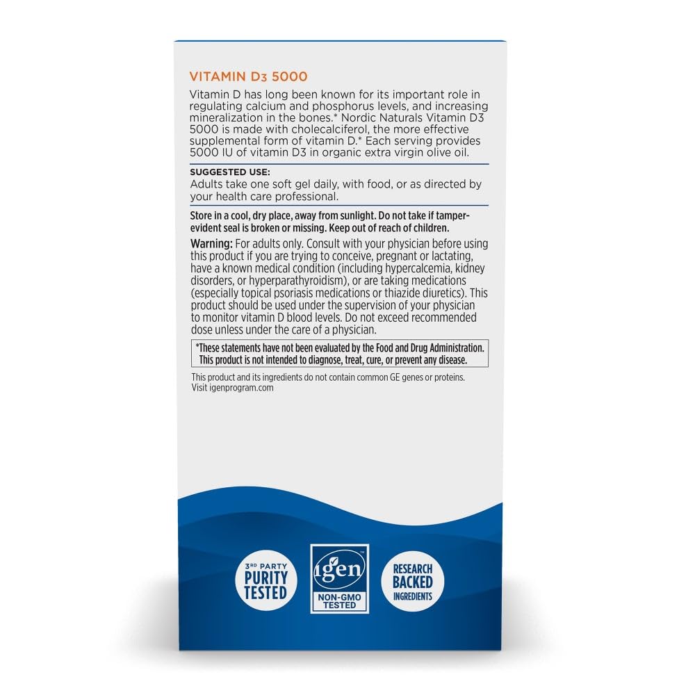 Nordic Naturals Vitamin D3 5000 IU Orange – 200 Mini Soft Gels | Supports Bones, Immunity & Mood | Vegetarian & Non-GMO