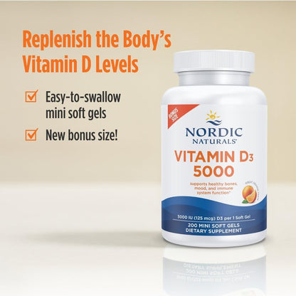 Nordic Naturals Vitamin D3 5000 IU Orange – 200 Mini Soft Gels | Supports Bones, Immunity & Mood | Vegetarian & Non-GMO