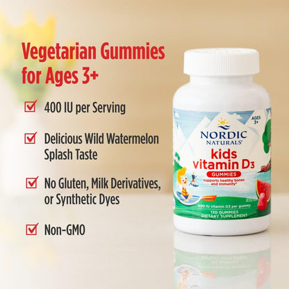 Nordic Naturals Vitamin D3 Gummies Kids - Wild Watermelon Splash, Pack of 2 | 400 IU D3