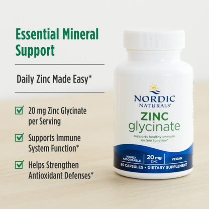 Nordic Naturals Zinc Glycinate – 60 Capsules, 20 mg Chelated Zinc | Non-GMO, Gluten Free, Vegan