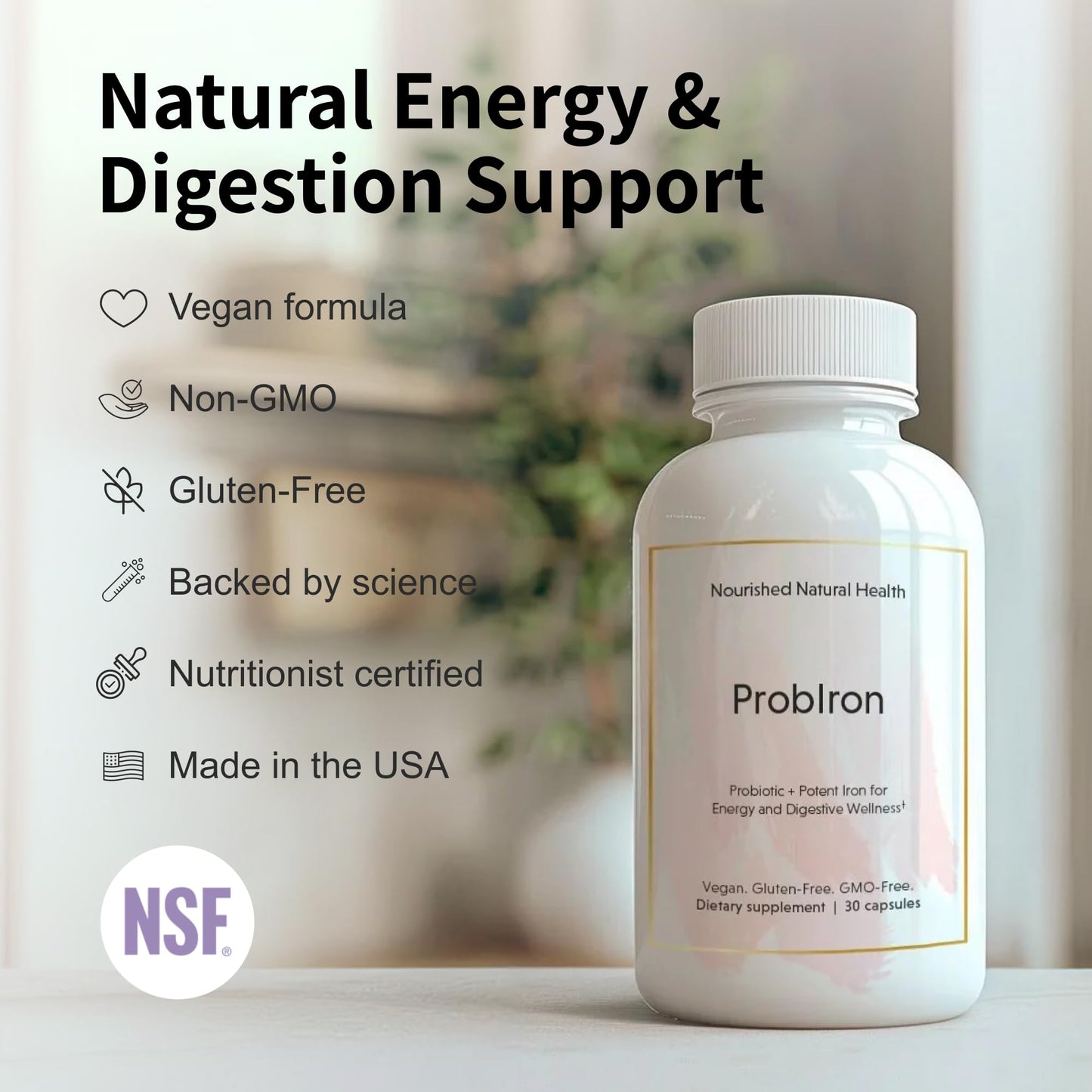 Nourished ProbIron: Vegan Iron + Probiotic for Women (90 Capsules)