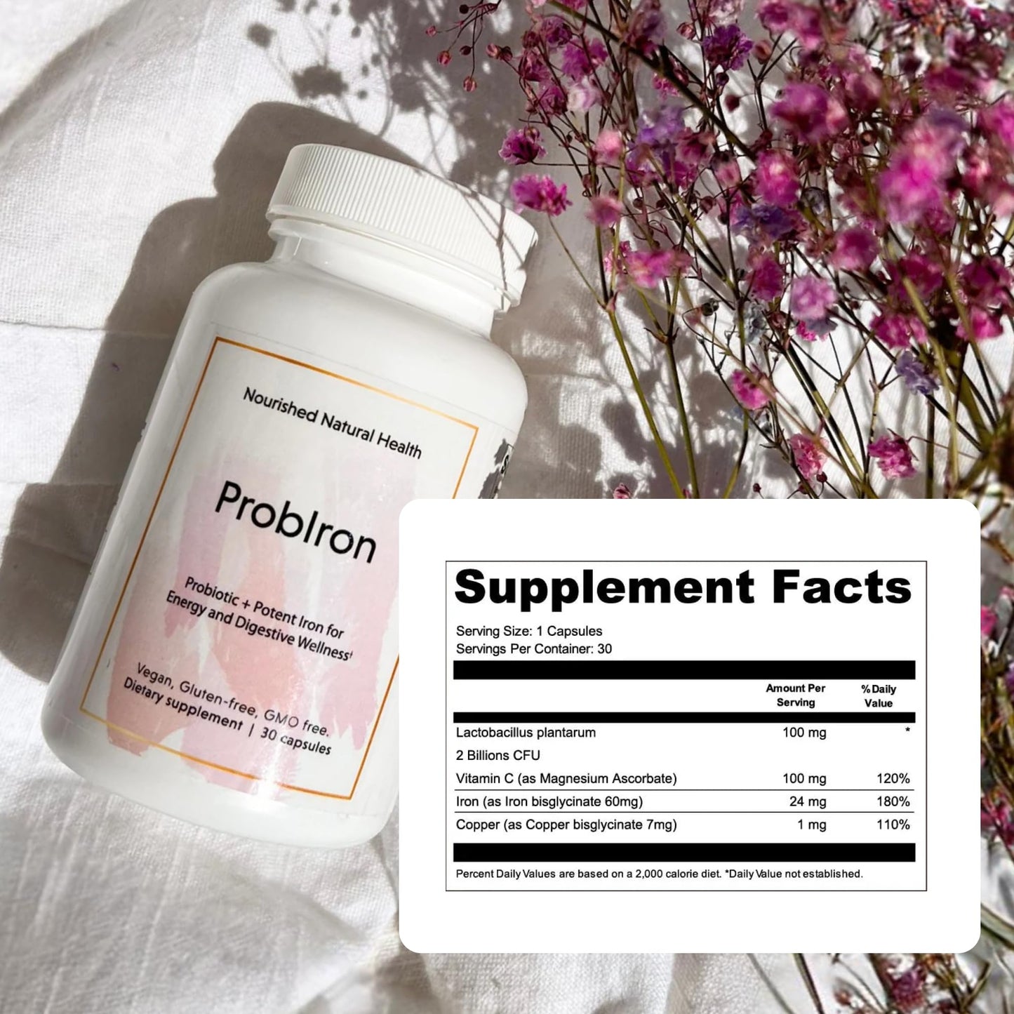 Nourished ProbIron: Vegan Iron + Probiotic for Women (90 Capsules)