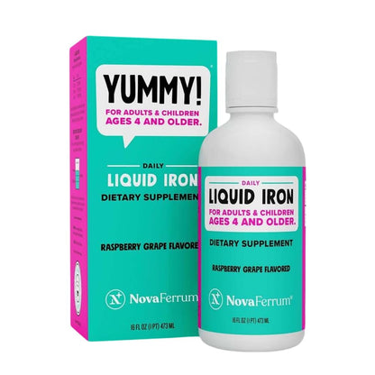 NovaFerrum Yummy 16oz Liquid Iron Supplement for Ages 4+ | 18mg Iron per Tbsp | Gluten Free | Sugar Free | Raspberry Grape
