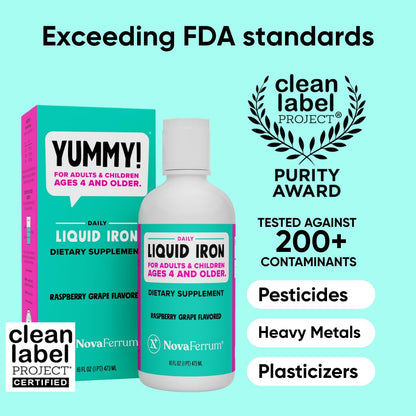 NovaFerrum Yummy 16oz Liquid Iron Supplement for Ages 4+ | 18mg Iron per Tbsp | Gluten Free | Sugar Free | Raspberry Grape