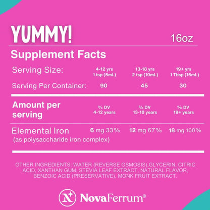 NovaFerrum Yummy 16oz Liquid Iron Supplement for Ages 4+ | 18mg Iron per Tbsp | Gluten Free | Sugar Free | Raspberry Grape