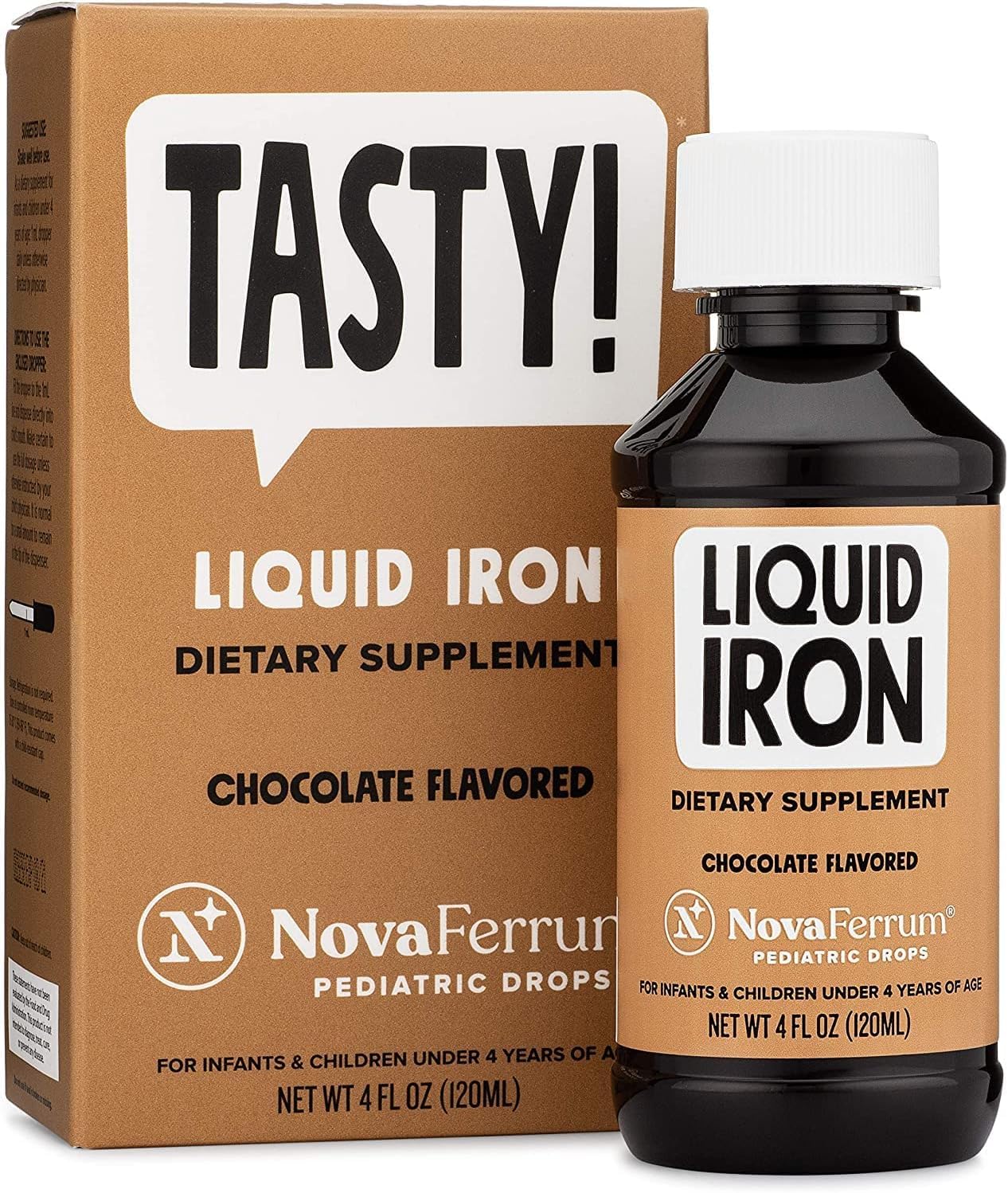 NovaFerrum Tasty | Pediatric Liquid Iron Drops for Infants & Kids (Ages 4 & Under) – 15 mg/mL, Chocolate Flavor, Gluten Free, Sugar Free | 120 Servings
