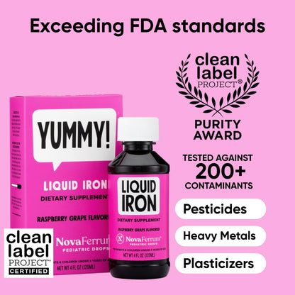 NovaFerrum Yummy | Pediatric Liquid Iron Drops for Infants & Toddlers | 15 mg/mL | Gluten Free | Sugar-Free | Raspberry