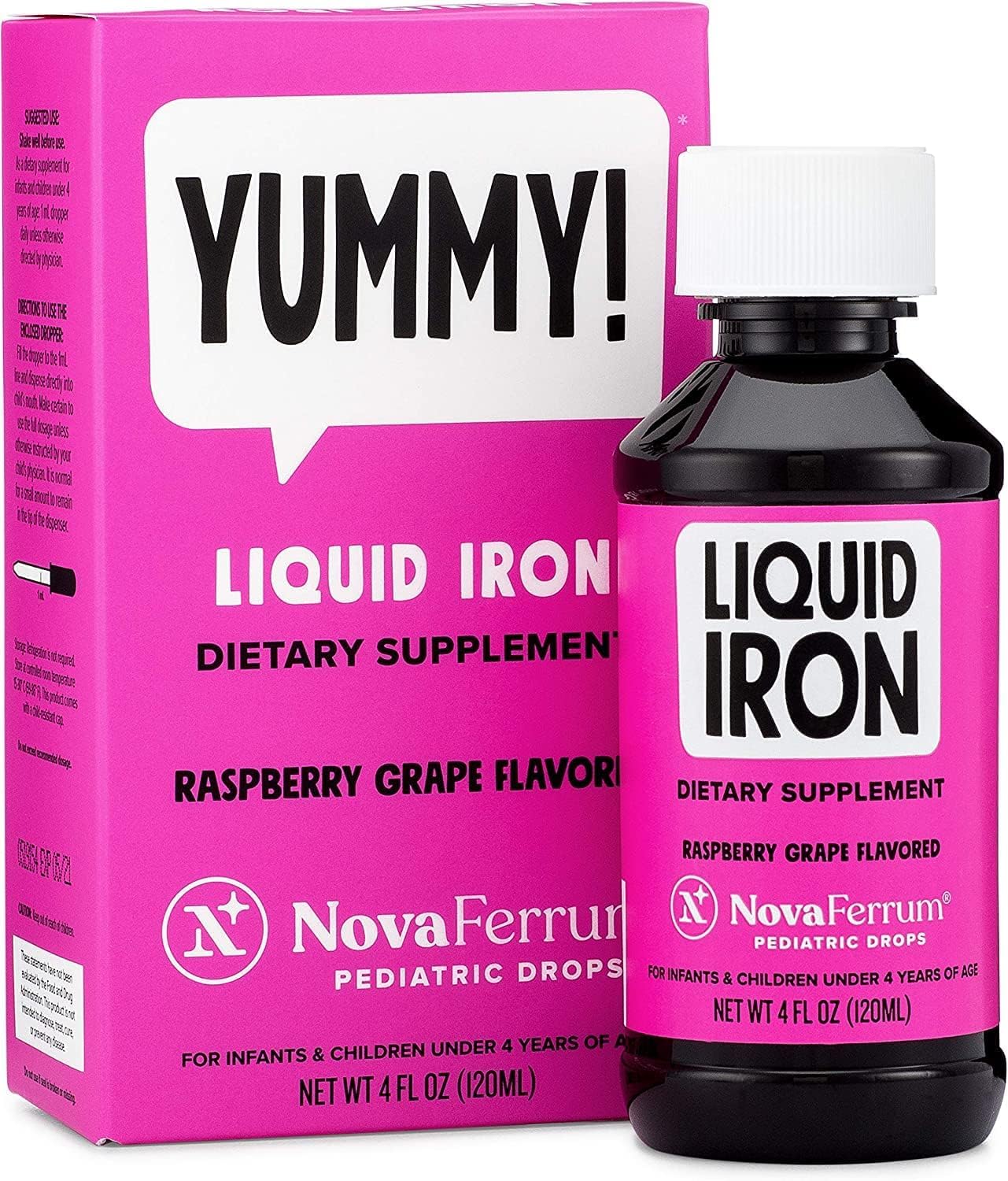 NovaFerrum Yummy | Pediatric Liquid Iron Drops for Infants & Toddlers | 15 mg/mL | Gluten Free | Sugar-Free | Raspberry
