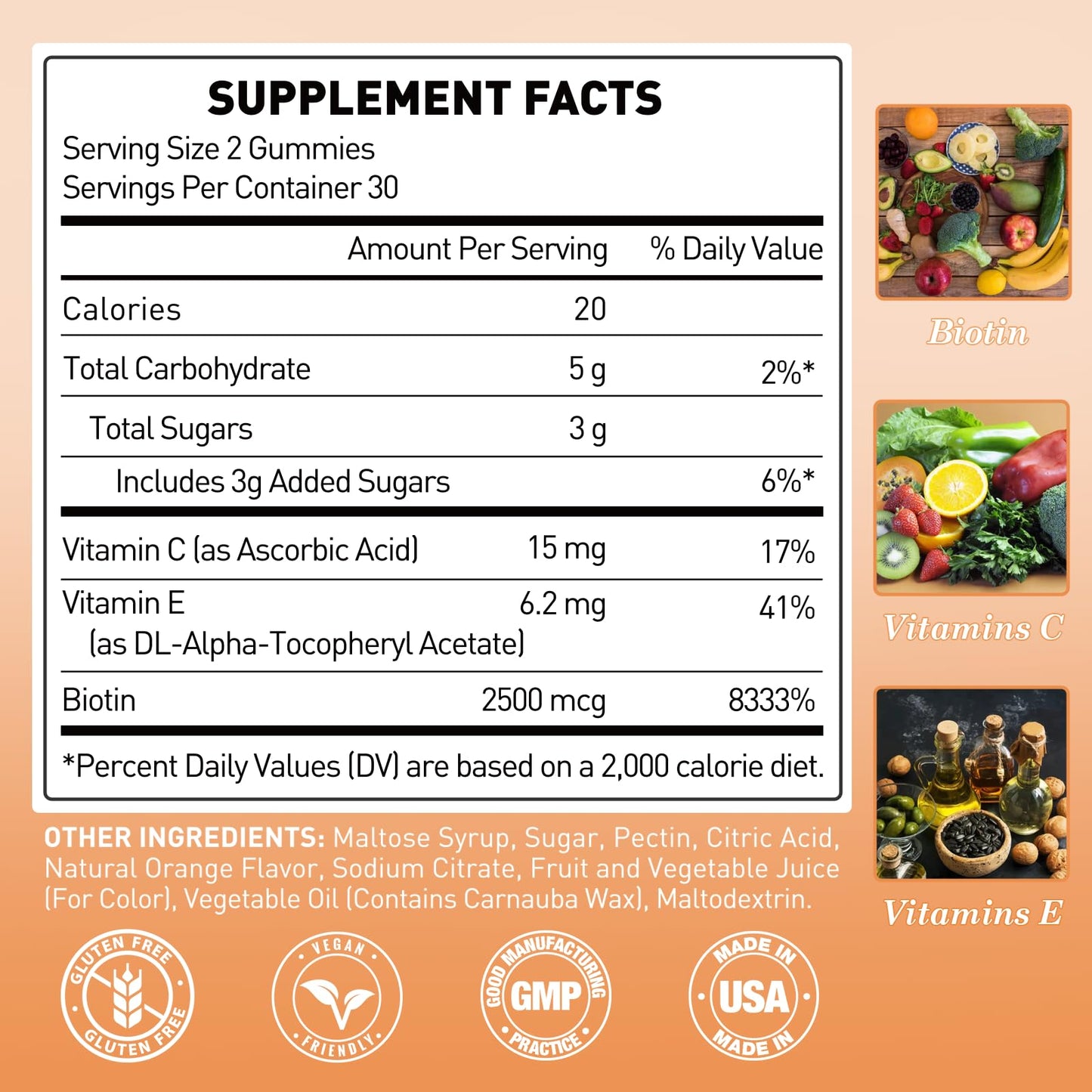 Novafun Vegan Biotin-Gummies for Hair Growth – 60 Orange Gummies (2500 mcg Biotin, Vitamin C & E)