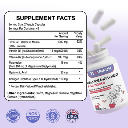 Novafun Calcium 1000mg for Women – Dicalcium Malate with Vitamin D3, K2, Magnesium, Collagen & Hyaluronic Acid | 90 Veggie Capsules