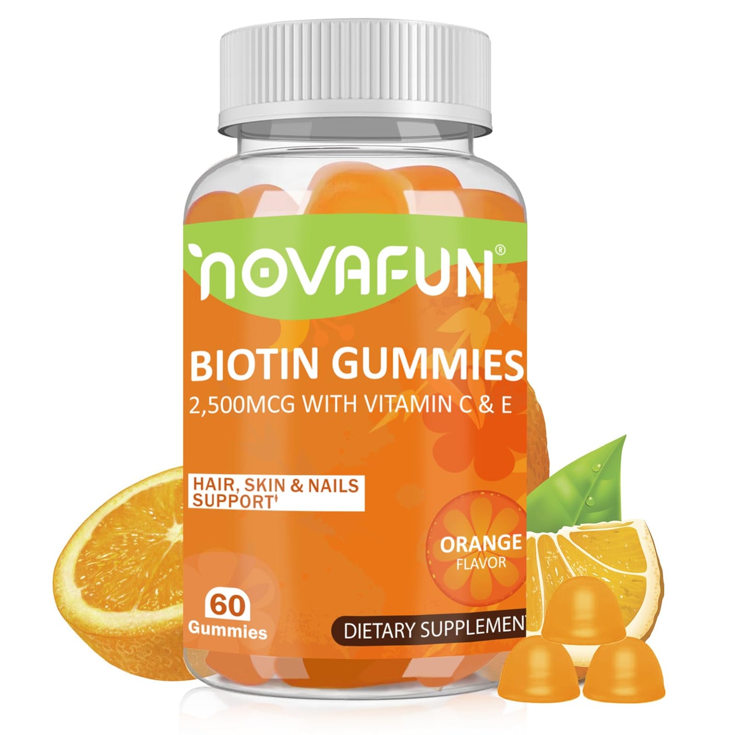 Novafun Vegan Biotin-Gummies for Hair Growth – 60 Orange Gummies (2500 mcg Biotin, Vitamin C & E)