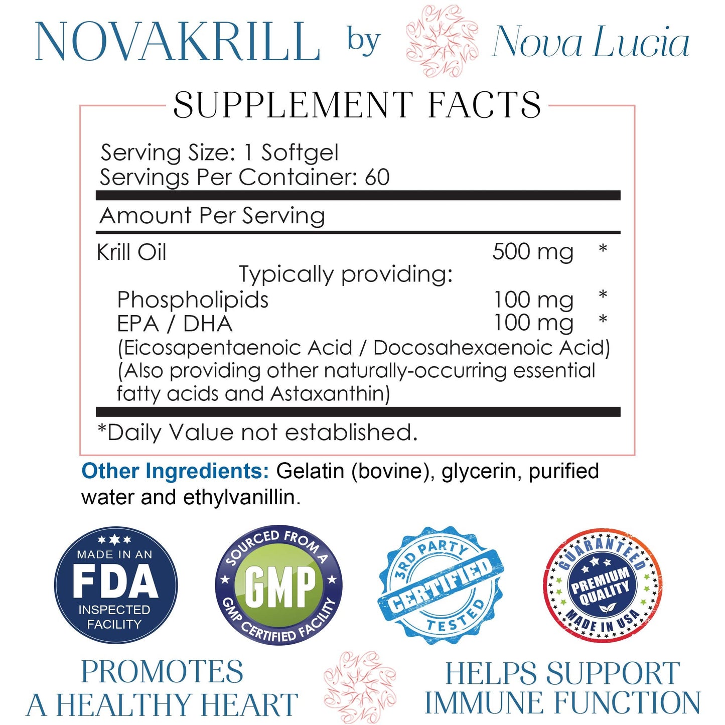 NovaKrill Krill Oil Omega-3 1000mg Softgels – EPA, DHA, Astaxanthin | No Fishy Aftertaste | Antarctic Krill Oil – 60 Liquid Capsules