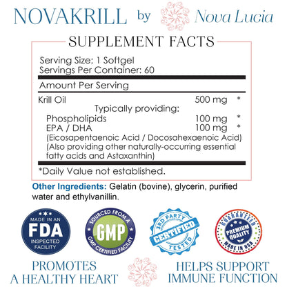 NovaKrill Krill Oil Omega-3 1000mg Softgels – EPA, DHA, Astaxanthin | No Fishy Aftertaste | Antarctic Krill Oil – 60 Liquid Capsules