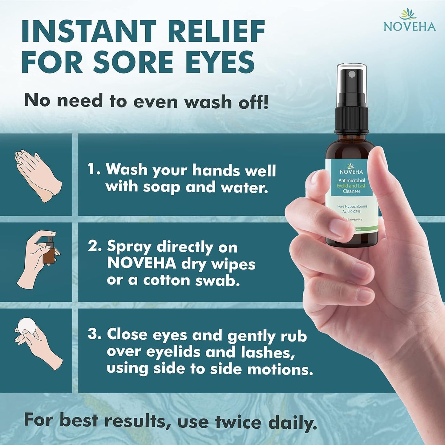 NOVEHA Eyelid Cleanser | Gentle Hypochlorous Acid Spray for Daily Eye Care (1oz, 2 Pack)