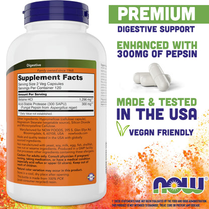 NOW Betaine HCl 648mg 240 Veg Capsules – Digestive Enzymes with Pepsin