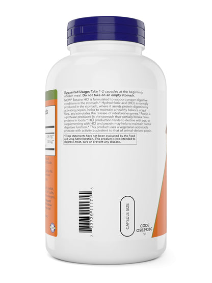 NOW Betaine HCl 648mg 240 Veg Capsules – Digestive Enzymes with Pepsin