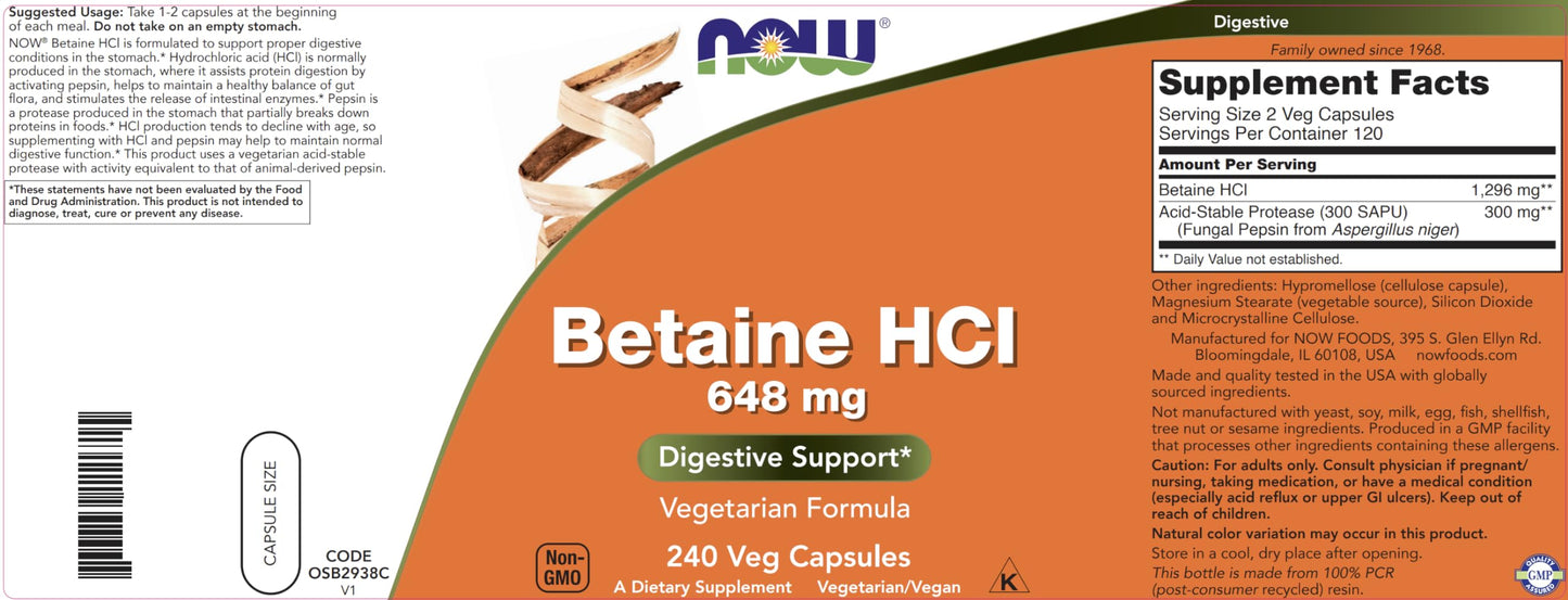 NOW Betaine HCl 648mg 240 Veg Capsules – Digestive Enzymes with Pepsin