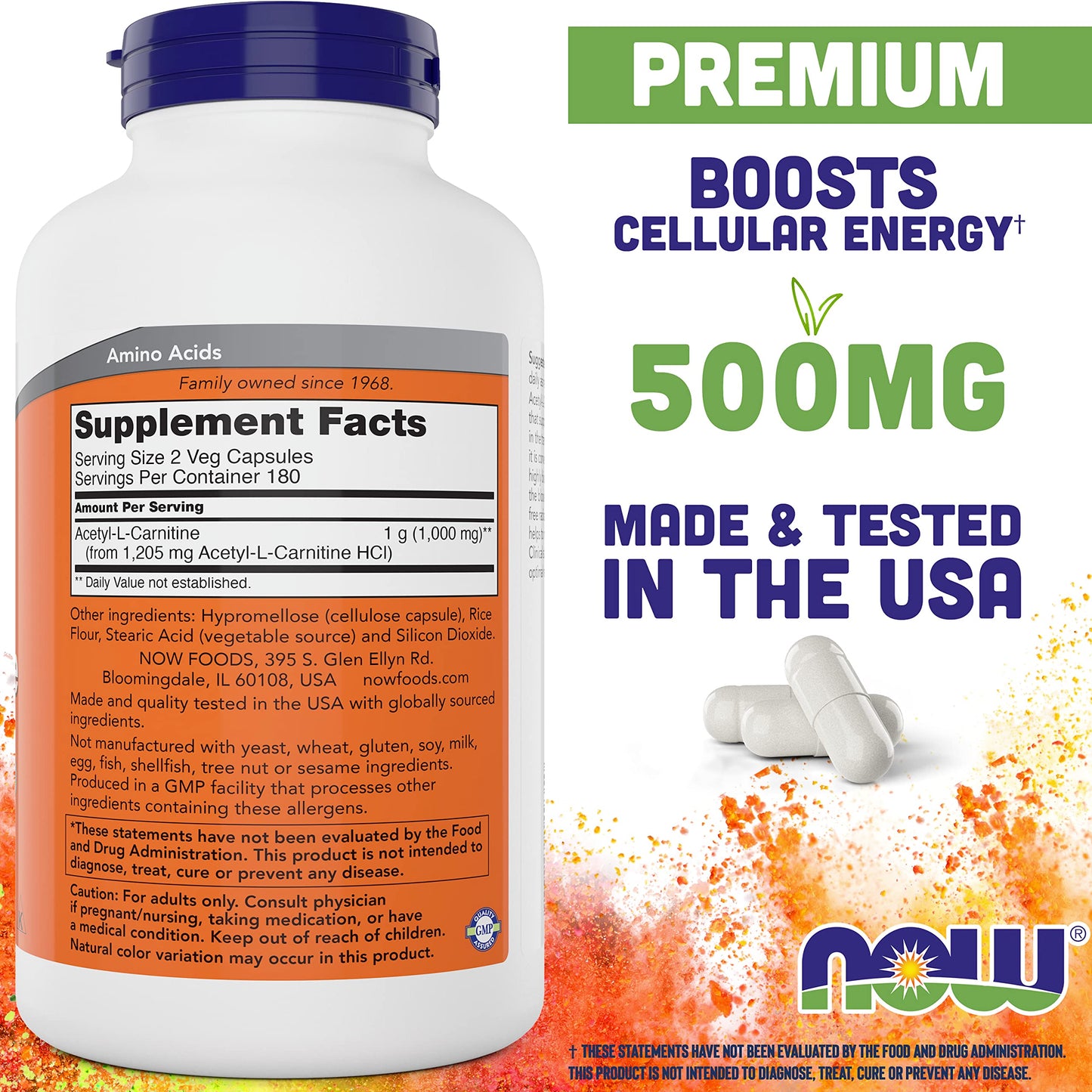 NOW Foods Acetyl-L-Carnitine 500 mg - 360 Veg Capsules | Non-GMO, Kosher, Dairy-Free