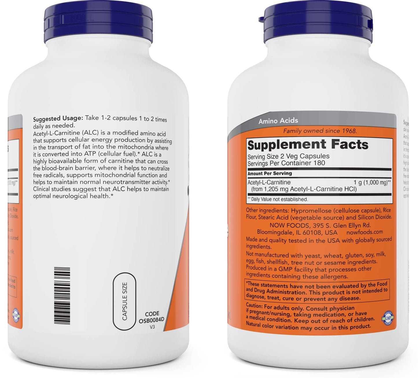 NOW Foods Acetyl-L-Carnitine 500 mg - 360 Veg Capsules | Non-GMO, Kosher, Dairy-Free