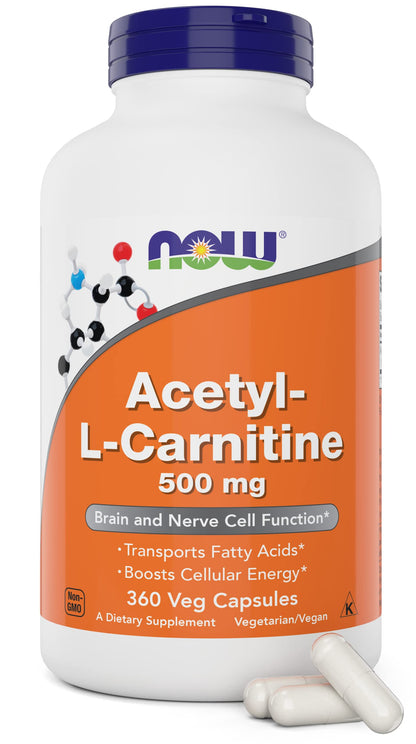 NOW Foods Acetyl-L-Carnitine 500 mg - 360 Veg Capsules | Non-GMO, Kosher, Dairy-Free