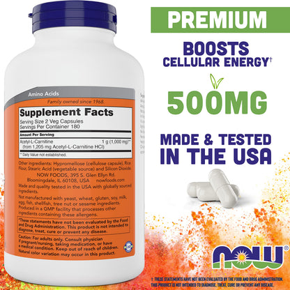 NOW Foods Acetyl-L-Carnitine 500 mg - 360 Veg Capsules | Non-GMO, Kosher, Dairy-Free