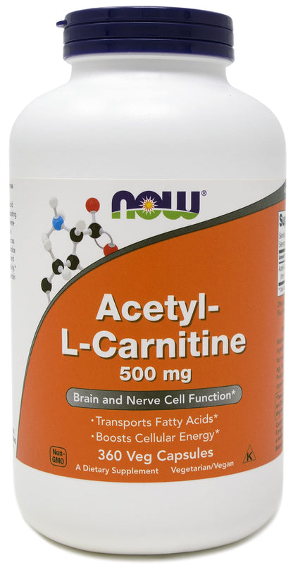 NOW Foods Acetyl-L-Carnitine 500 mg - 360 Veg Capsules | Non-GMO, Kosher, Dairy-Free