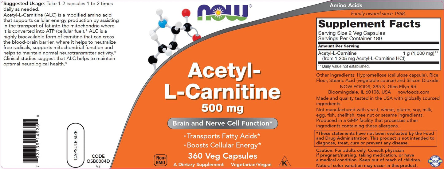 NOW Foods Acetyl-L-Carnitine 500 mg - 360 Veg Capsules | Non-GMO, Kosher, Dairy-Free