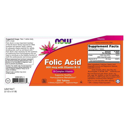 NOW Foods Folic Acid 800 mcg Tabs (Pack of 2) | B-Vitamin Support & DNA Synthesis
