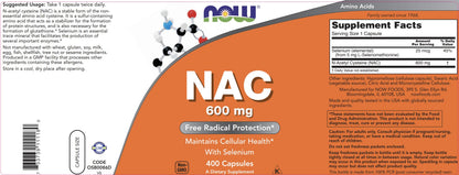 NOW NAC 600 mg, 400 Capsules (Pack of 2) – N-Acetyl Cysteine with Selenium