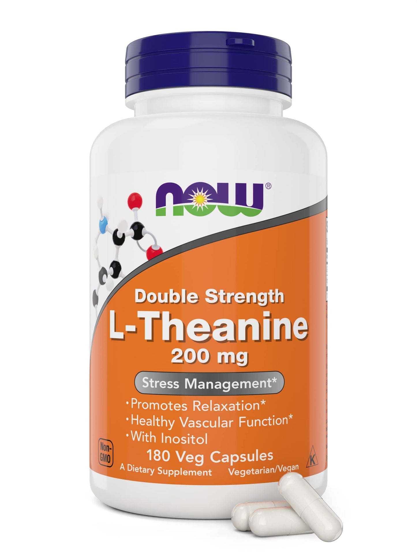 NOW Foods L-Theanine 200 mg Double Strength - 180 Vegan Capsules with Inositol