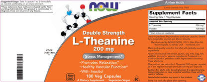NOW Foods L-Theanine 200 mg Double Strength - 180 Vegan Capsules with Inositol