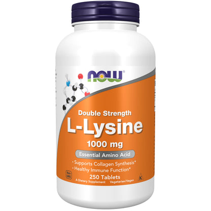 NOW Foods L-Lysine Hydrochloride 1000 mg Double Strength – 250 Tablets | Vegan, Non-GMO