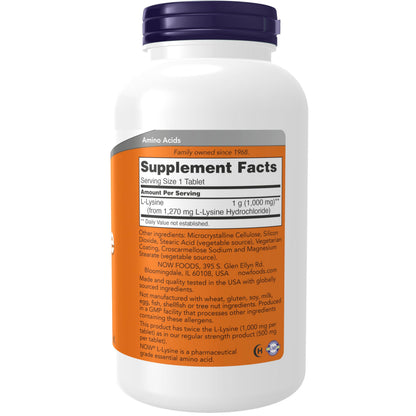 NOW Foods L-Lysine Hydrochloride 1000 mg Double Strength – 250 Tablets | Vegan, Non-GMO