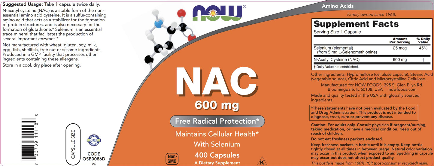 NOW Foods NAC 600 mg with Selenium - 400 Capsules | N-Acetyl Cysteine Supplement