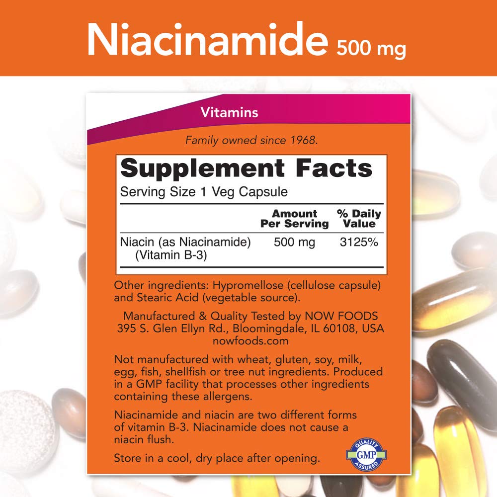 NOW Foods Niacinamide 500mg Vitamin B-3 Capsules, 100 Count (3 Pack)
