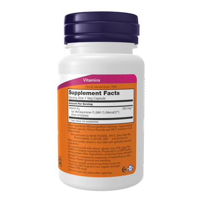 NOW Foods Vitamin K2 MK-7 300 mcg - Extra Strength Supports Bone & Cardiovascular Health | 60 Veg Capsules