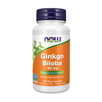 NOW Foods Ginkgo Biloba 60 mg – 24% Standardized Extract, Non-GMO Project Verified, 120 Veg Capsules
