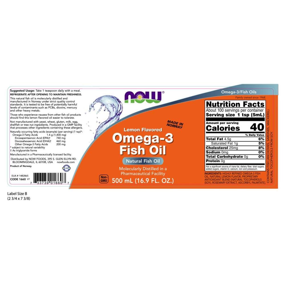NOW Supplements Omega-3 Fish Oil Liquid Lemon Flavor, Molecularly Distilled, 16.9 oz