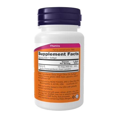 NOW Vitamin D-3 400 IU - Supports Strong Bones and Immune Health (180 Softgels)
