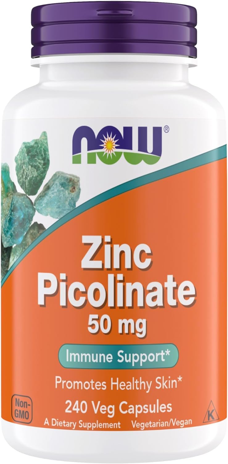 NOW Zinc Picolinate 50 mg – Immune Support, Enzyme Function, 240 Veg Capsules (Non-GMO, Kosher, Vegan)