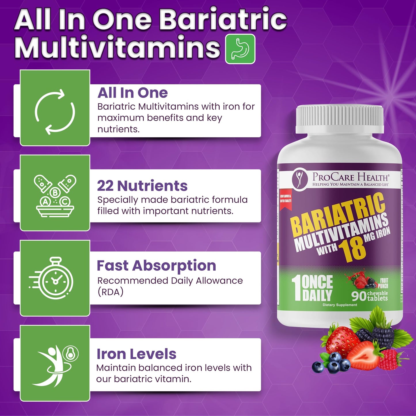 ProCare Health Bariatric Chewable Multivitamin with Iron 18mg (90 Tablets) - Fruit Punch Flavor - For Gastric Bypass & Sleeve Gastrectomy Patients* (3 Month Supply)
