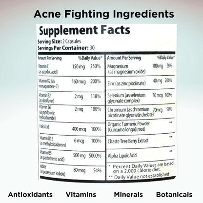 Clear Skin Acne Vitamins Capsules | Complexion Supplements 60 Count