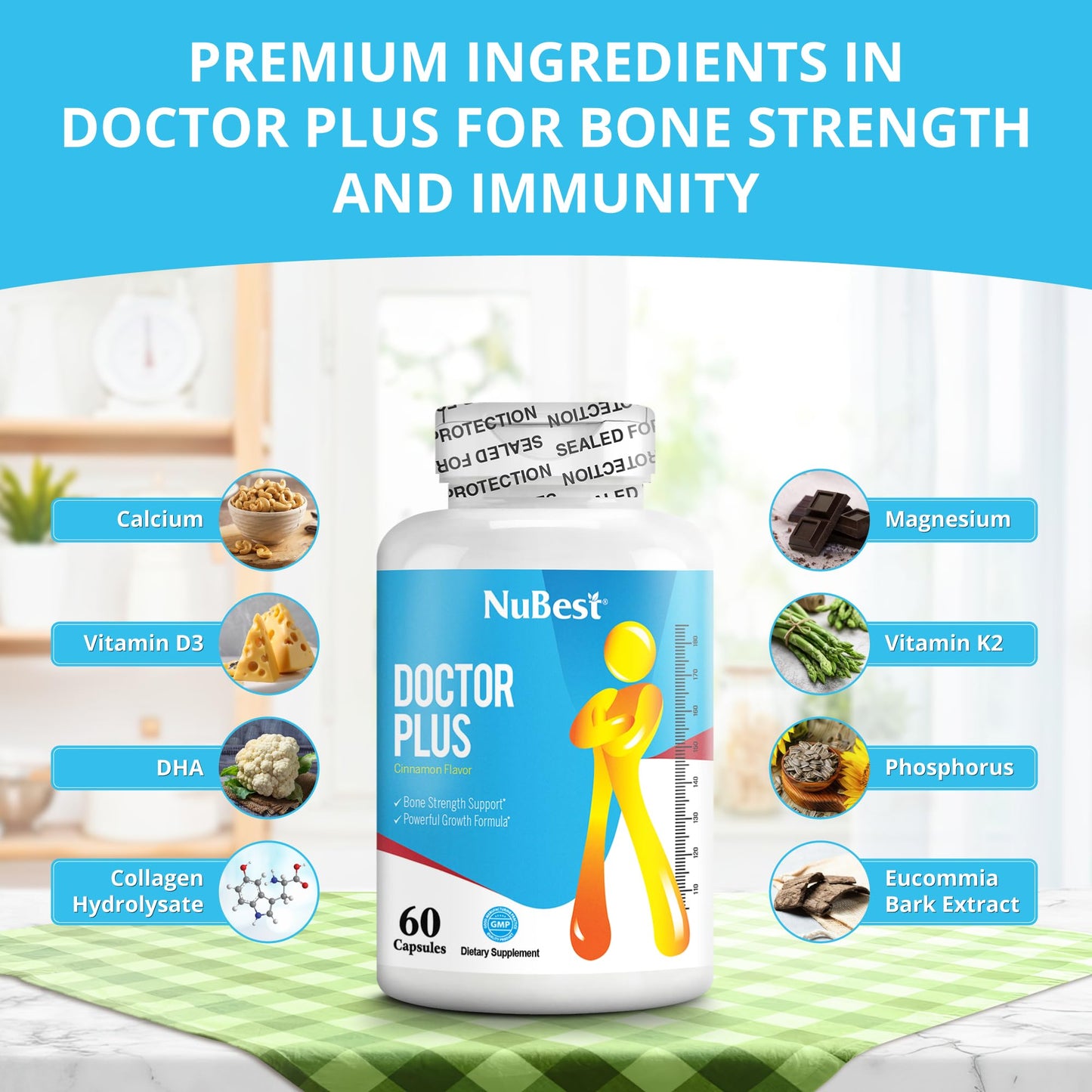NuBest Doctor Plus: Calcium, Vitamin D3, Vitamin K2 MK7 & Magnesium for Bone Strength (Age 10+) 60 Capsules