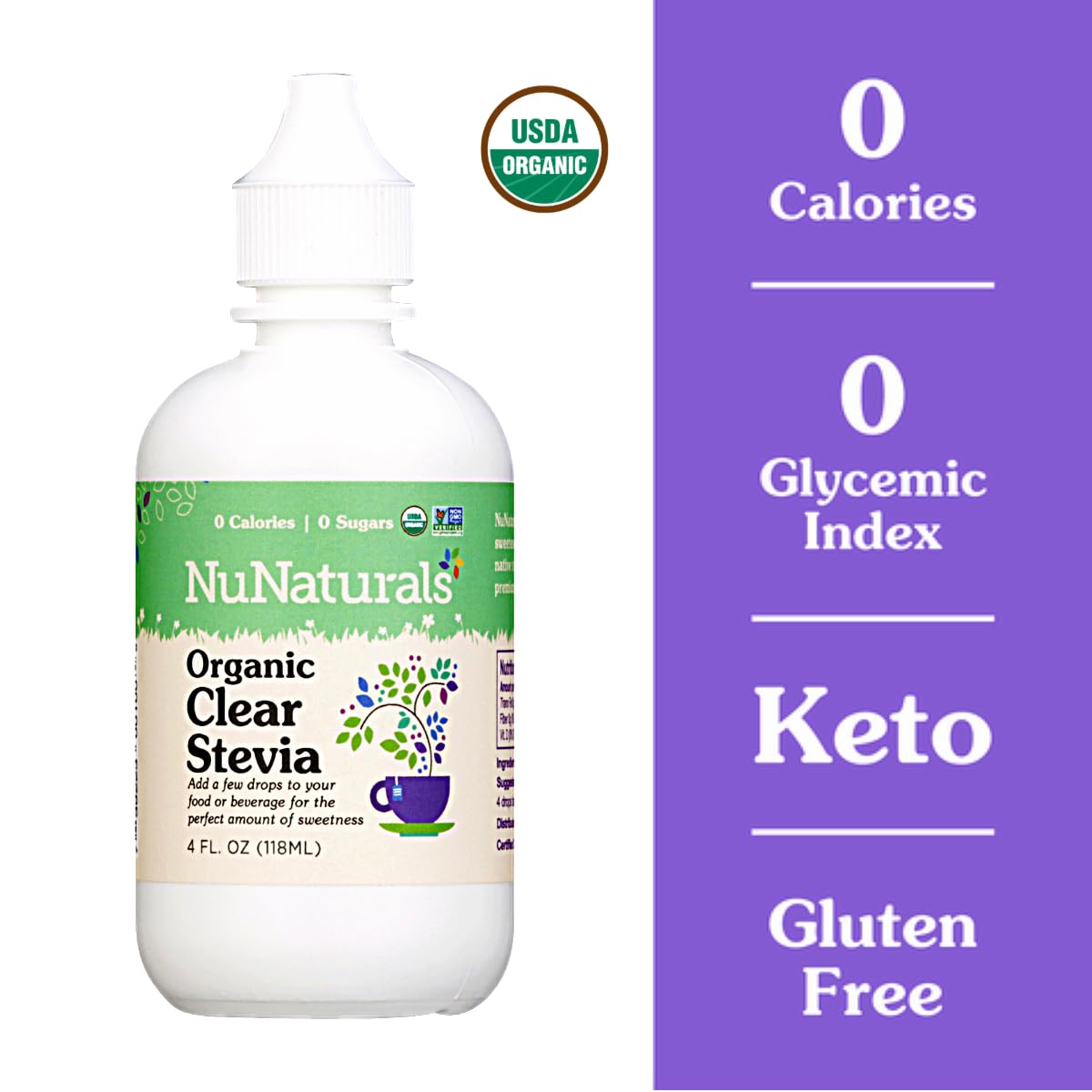 NuNaturals Clear Extract Stevia – Plant-Based Sweetener, 4 oz x 2