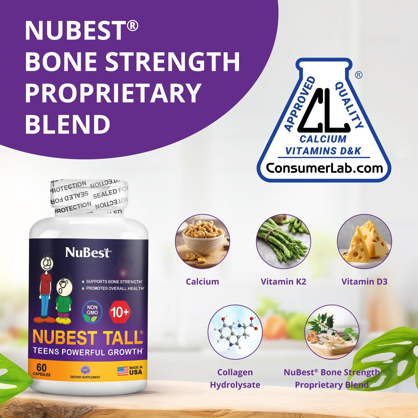 NuBest Tall 10+ Premium Bone Strength Formula for Ages 10+ — Calcium, D3 & K2 | 60 Capsules