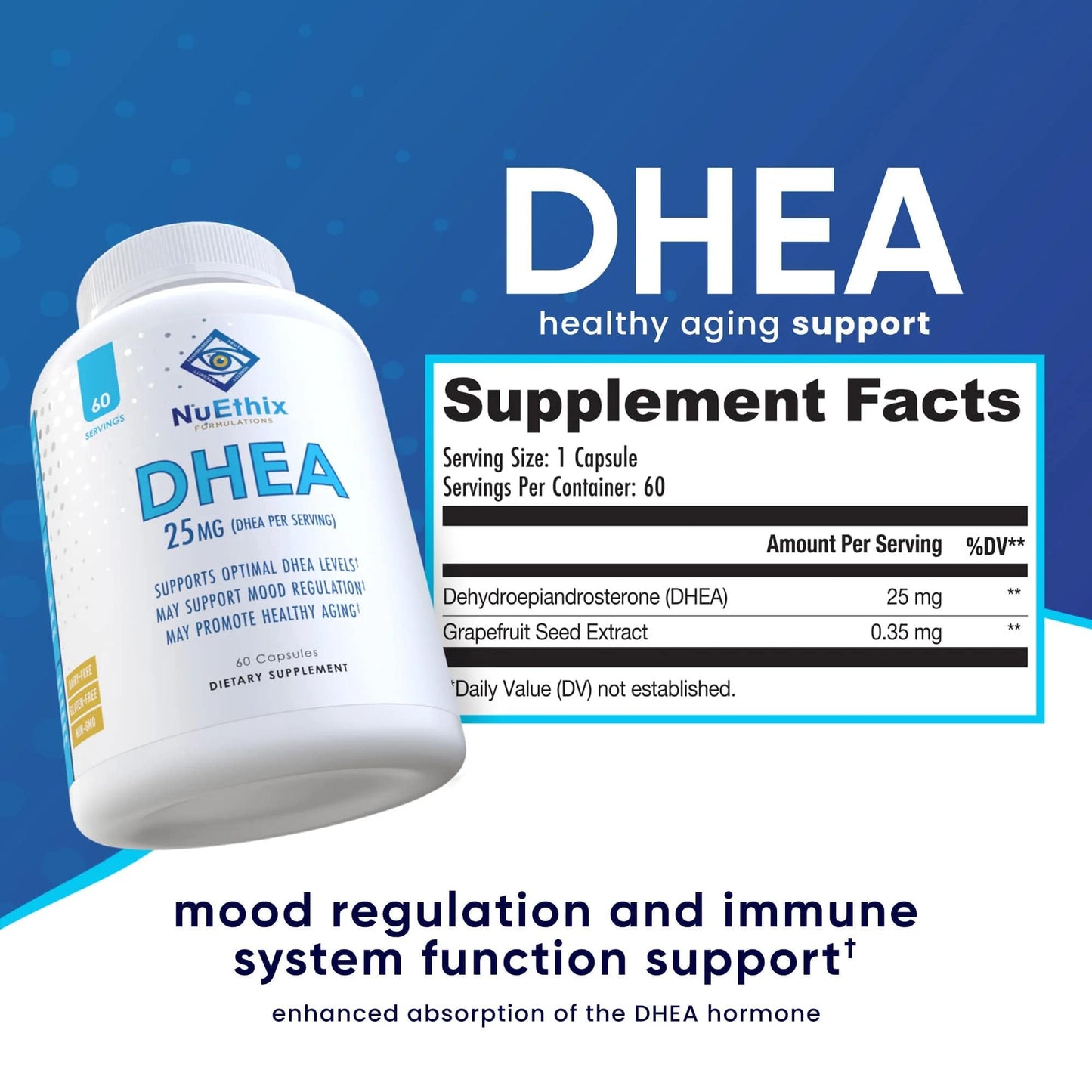 NuEthix DHEA 25mg for Women & Men - Grapefruit Extract, 60 Servings, Sugar Free, Gluten Free, Non-GMO