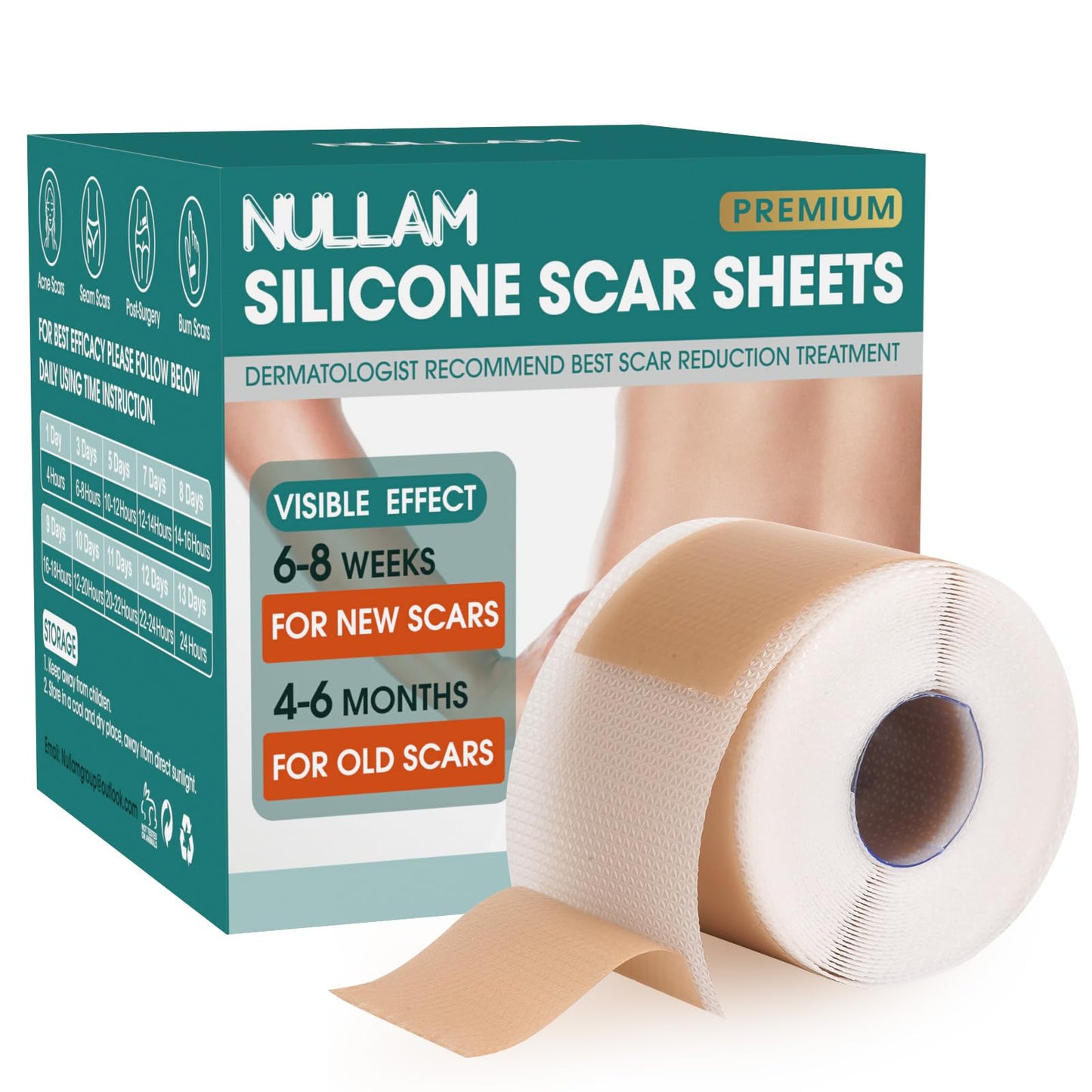 Nullam Silicone Scar Sheets & Tape Roll (1.6 x 59 in) for Surgical, C-Section & Keloid Scars