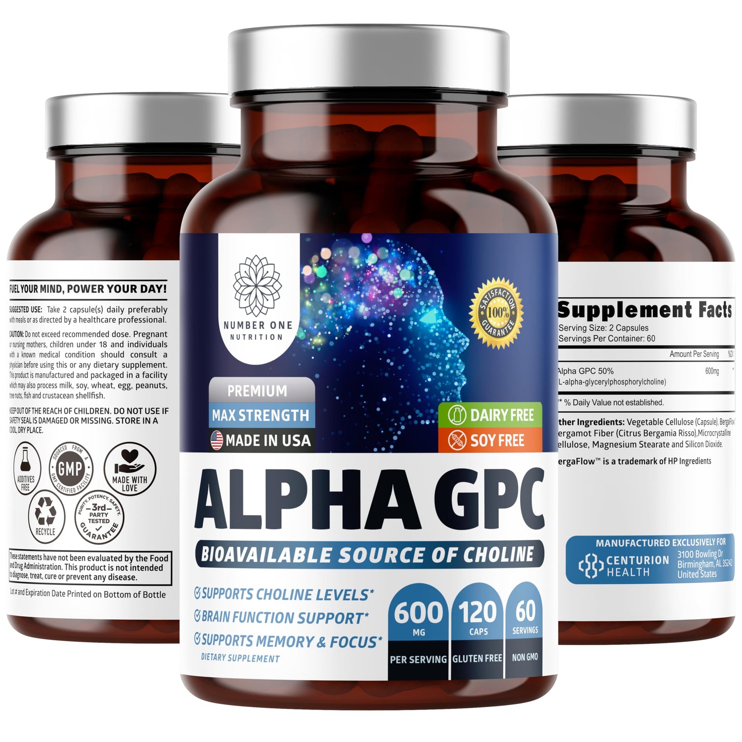 Number One Nutrition Premium Alpha GPC Choline Capsules 600mg – Natural Brain Support for Focus, Memory, Clarity & Energy | 120 Veg Caps