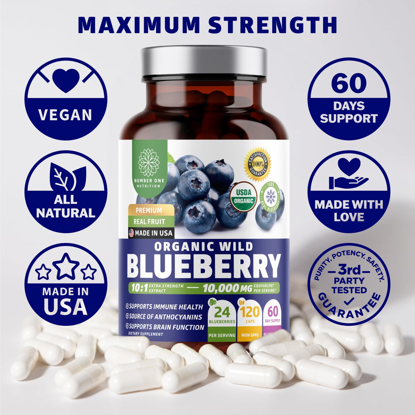 Number One Nutrition USDA Organic Wild Blueberry Extract 10:1 - 10,000 mg per Serving
